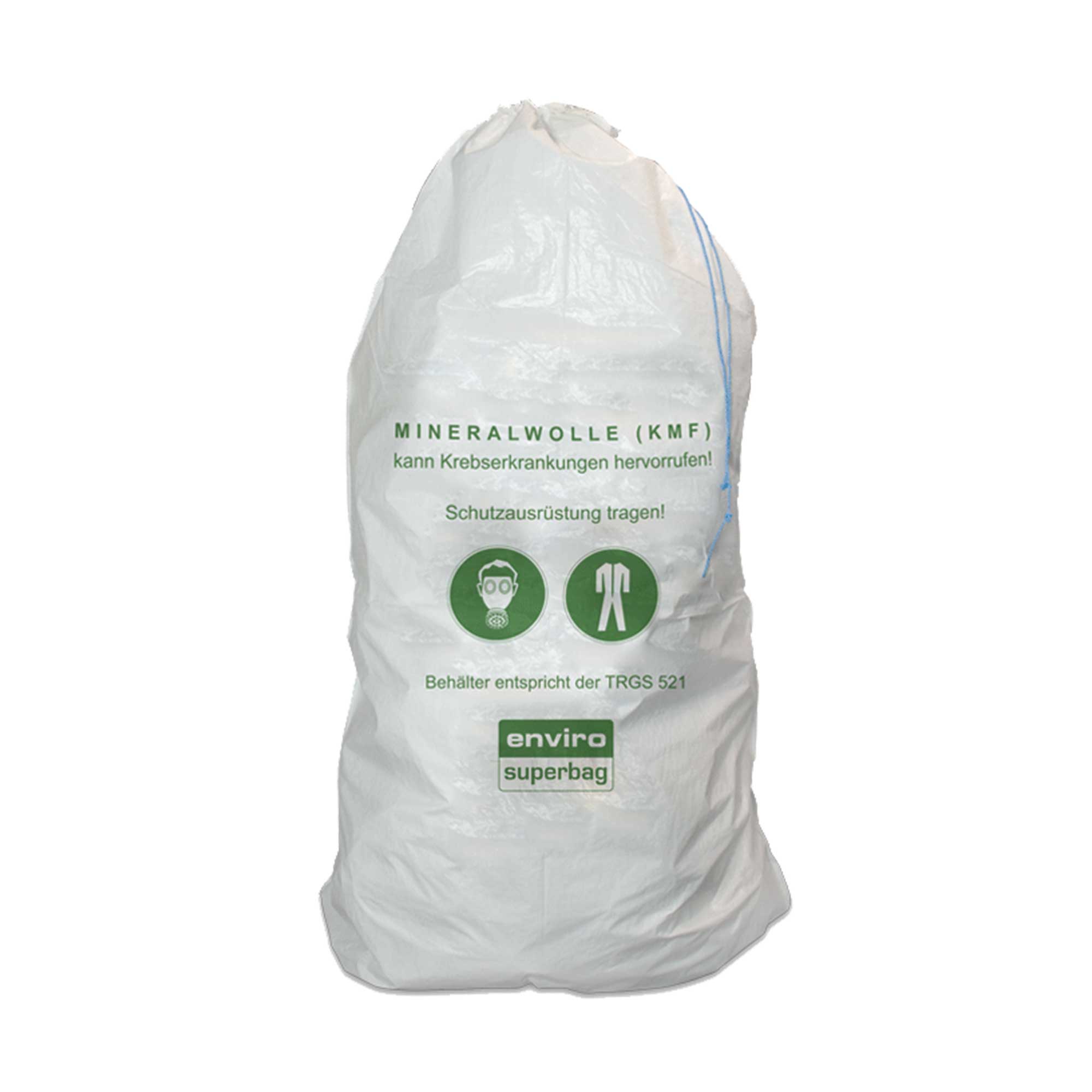 Ein großer, weißer Sack mit der Aufschrift "MINERALWOLLE (KMF) kann Krebs erkrankungen hervorrufen! Schutz ausrüstung tragen!" und Symbolen für Schutzmaske und Schutzkleidung. Darunter steht "Behälter entspricht der TRGS 521" und "enviro superbag".