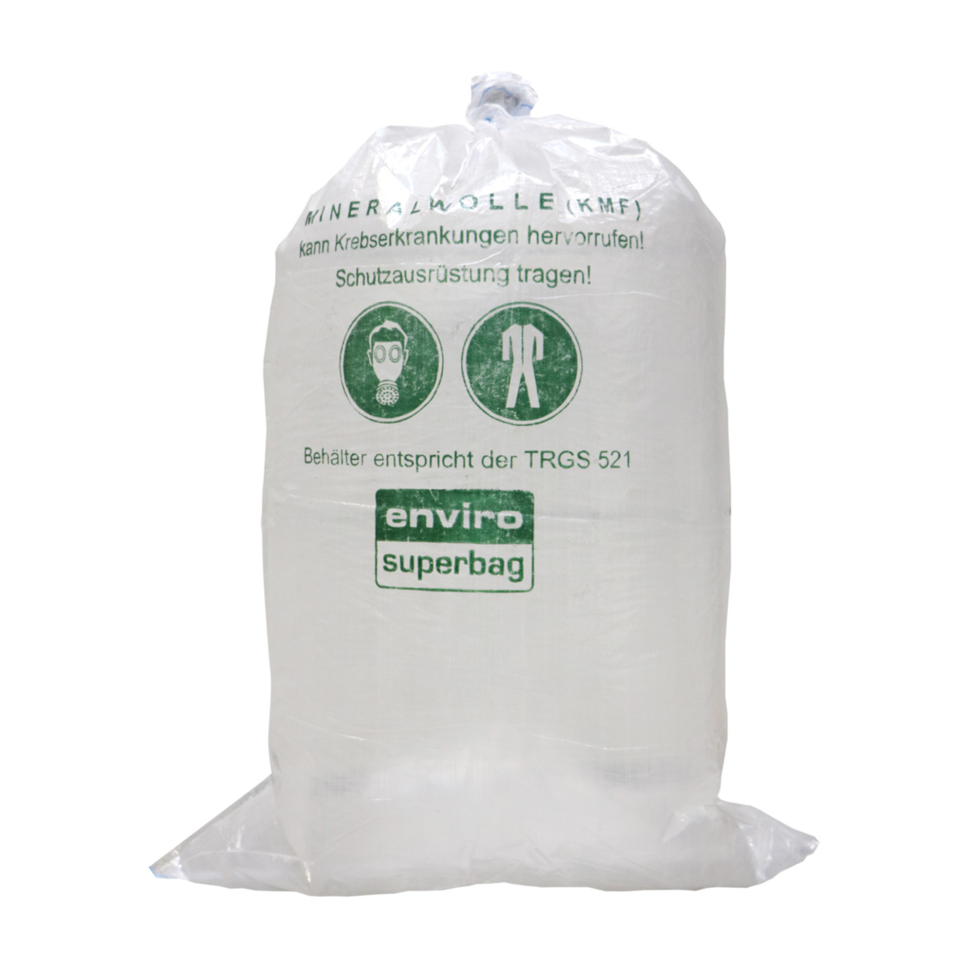 Enviro Superbag für Mineralwolle (KMF), weißer Foliensack, TRGS-521-konform, grüne Gefahren- und Schutzhinweise